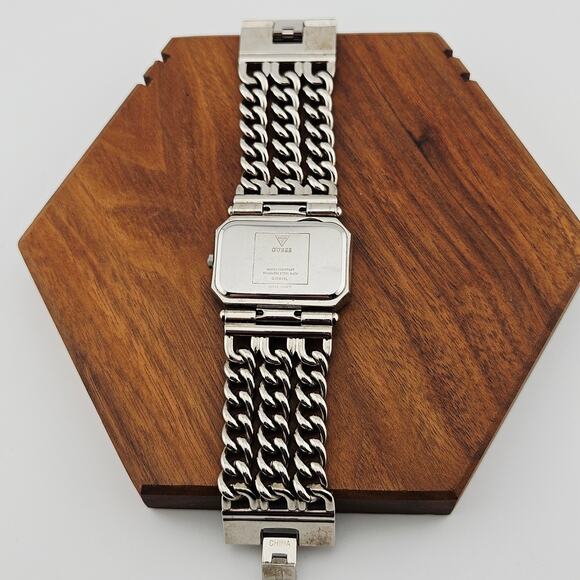 Y2K Guess Rhinestone Love Bling Watch Silver Tone Chain Link Wide Bracelet Band - Picture 5 of 8